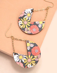 Flower Print Wooden Chain Earrings