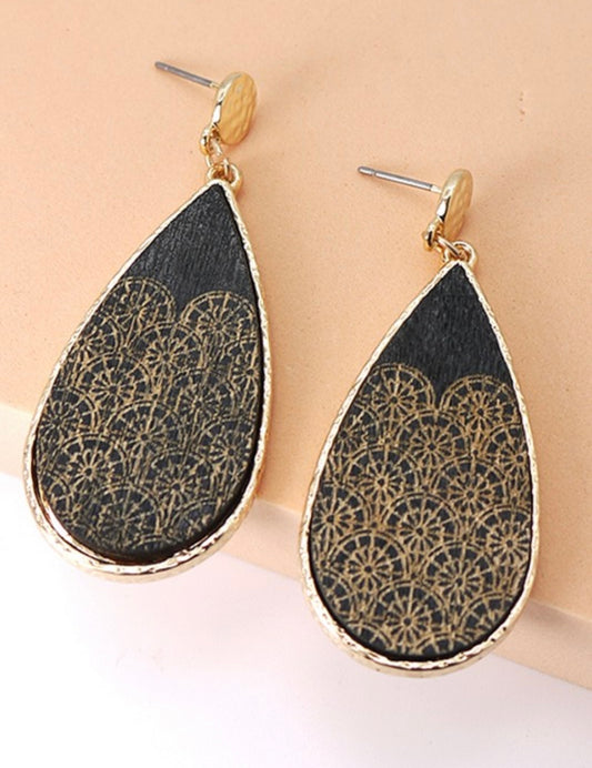 Teardrop Carved Wood Earrings