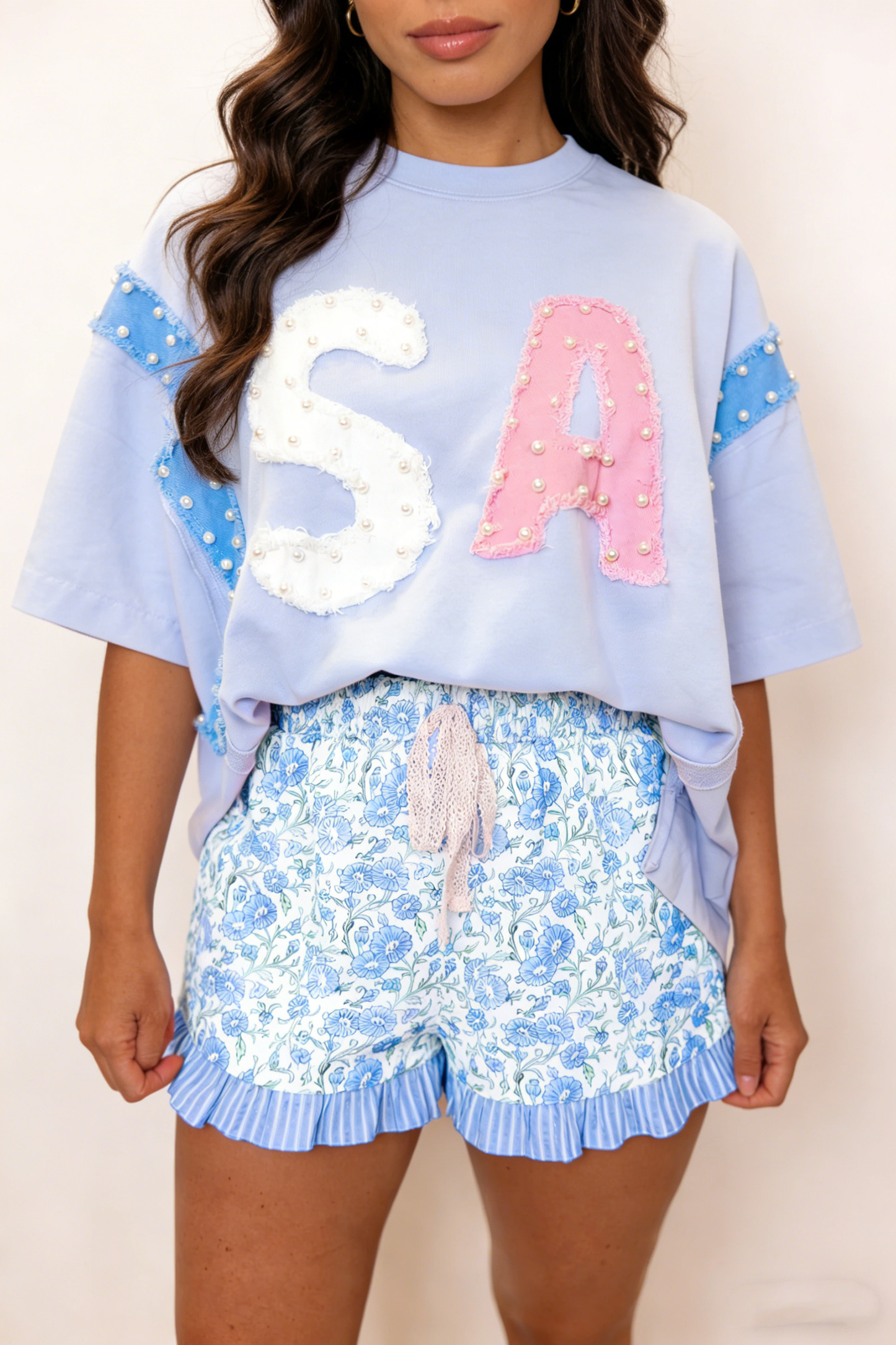 Floral Striped Hem Shorts (S-XL)