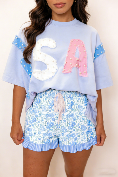 Floral Striped Hem Shorts (S-XL)